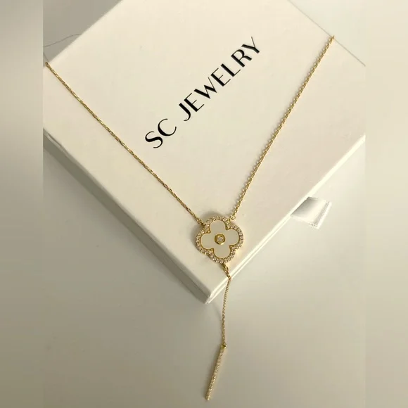 Rachel Zoe Clover Necklace Y Chain Zirconia Mother of Pearl 14k Gold Color - Picture 2 of 7